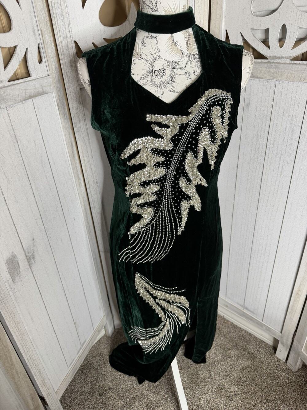 Vintage 80s Green Velvet Sequin Beaded Sparkle Party Prom Whimsy Dress Medium